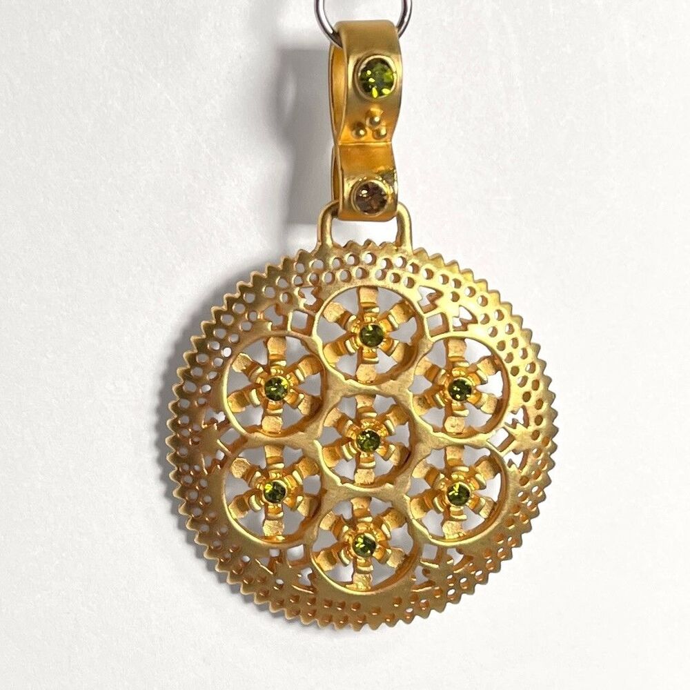 Gold Tone Medallion Pendant Green Rhinestone Flower Round Openwork Statement